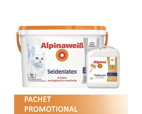 Vopsea interior pe bază de latex Alpinaweiss Seidenlatex albă 10 l + amorsă Alpina Tiefgrund 2,5 l Vopsea interior pe bază de latex Alpinaweiss Seidenlatex albă 10 l + amorsă Alpina Tiefgrund 2,5 l
