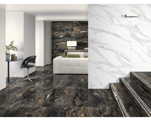 Interior elegant cu gresie de podea, faianță și gresie pentru scări în stil marmură