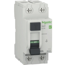 Logo Schneider Electric. Întrerupător de circuit cu curent rezidual cu buton de testare și întrerupător în poziția oprit, curent nominal 40 amperi, curent de declanșare 30 miliamperi