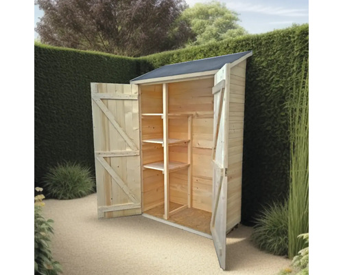 Dulap de grădină din lemn cu rafturi și uși deschise în grădină