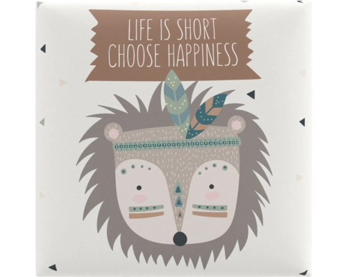 Pernă decorativă cu motiv de urs și inscripția Life is short choose happiness.