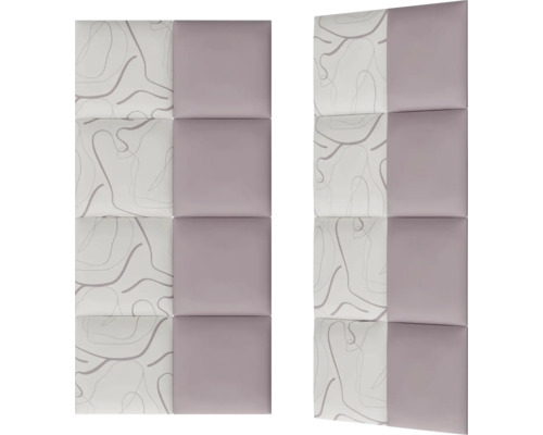 Două panouri de perete cu elemente pătrate tapițate, alternând cu suprafețe simple și cu model.