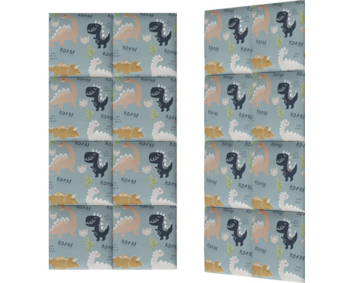 Panou tapițat pentru camera copiilor Dino 30x30 cm Panou fonoabsorbant cu model de dinozaur pentru montare pe perete