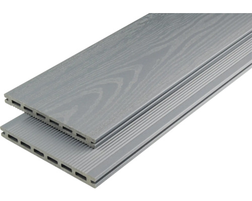 Două plăci de terasă gri din plastic cu structură de lemn