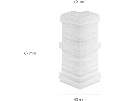 Piesă de colț cu dimensiunile de 67 mm înălțime, 36 mm lățime și 43 mm adâncime
