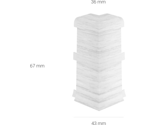 Profil colțar din plastic cu dimensiunile de 36 mm, 67 mm și 43 mm