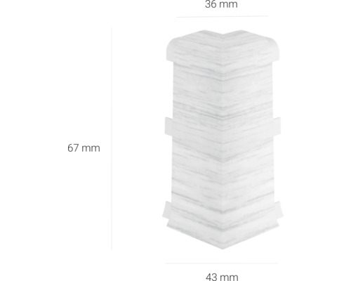 Conector de colț din plastic, 67 milimetri înălțime, 36 milimetri lățime și 43 milimetri adâncime