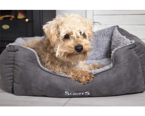 Câinele stă întins într-un pat gri pentru câini Scruffs.