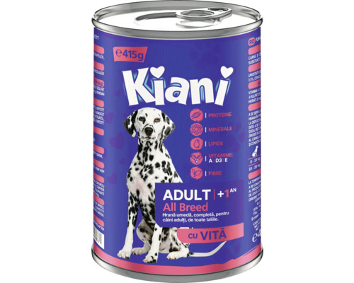 Hrană umedă pentru câini Kiani Adult All Breeds cu vită 415 g