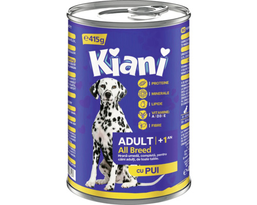 Hrană umedă pentru câini Kiani Adult All Breeds cu pui 415 g