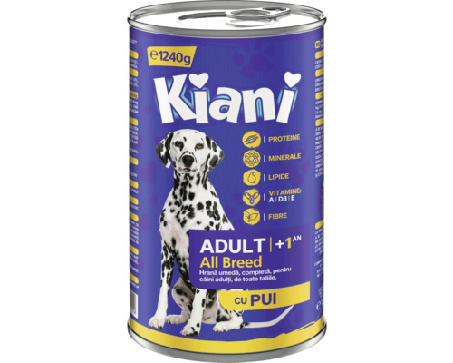 Hrană umedă pentru câini Kiani Adult All Breeds cu pui 1,24 kg