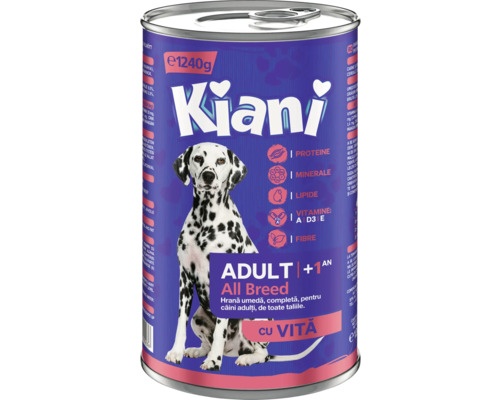 Hrană umedă pentru câini Kiani Adult All Breeds cu vită 1,24 kg