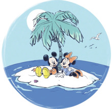 Mickey și Minnie Mouse pe o insulă sub un palmier