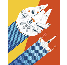 Ilustrație cu două nave spațiale pe un fundal colorat