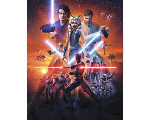 Fototapet vlies ADX4-101 Into Wonderland SW Clone 200x250 cm Serialul animat Star Wars: Războiul clonelor cu personajele Anakin Skywalker, Ahsoka Tano, Obi-Wan Kenobi și Darth Maul
