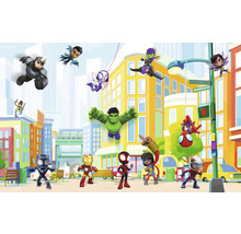 Peisaj urban colorat cu diverși supereroi Marvel