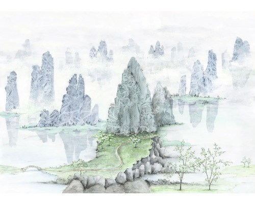 Fototapet vlies IAX7-0053 Into Wonderland Fairyland 350x250 cm Ilustrație a unui peisaj montan cu insule stâncoase în apă