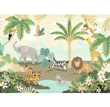 Ilustrație cu animale din junglă și vegetație tropicală.