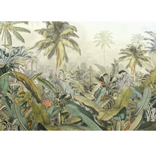 Ilustrație a unui peisaj tropical cu palmieri și vegetație luxuriantă
