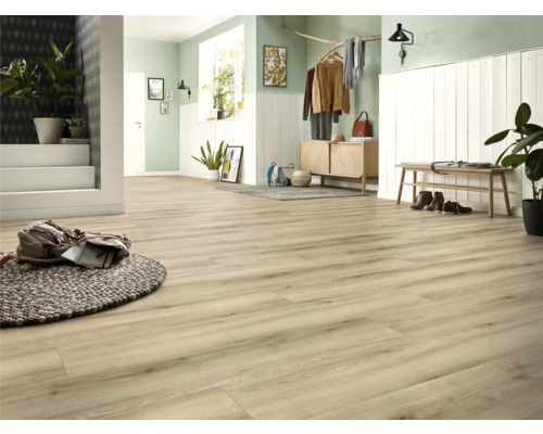 Cameră luminoasă cu pardoseală design cu aspect de lemn, comodă, bancă și decorațiuni