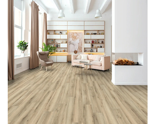 Cameră de zi luminoasă cu podea laminată cu aspect de lemn, canapea, rafturi și șemineu.