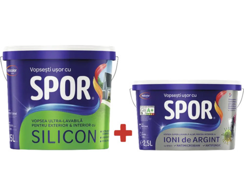 Două găleți cu vopsea Policolor Sport cu silicon pentru exterior și interior, și cu ioni de argint pentru interior.