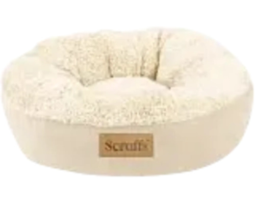 Logo Scruffs pe un pat rotund, bej, pentru câini, cu o pernă interioară moale