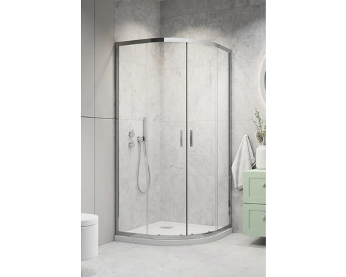 Set cabină de duș semirotundă Radaway Alienta A800 cu cădiță de duș si sifon, 80x80 cm, sticlă transparentă, profil crom