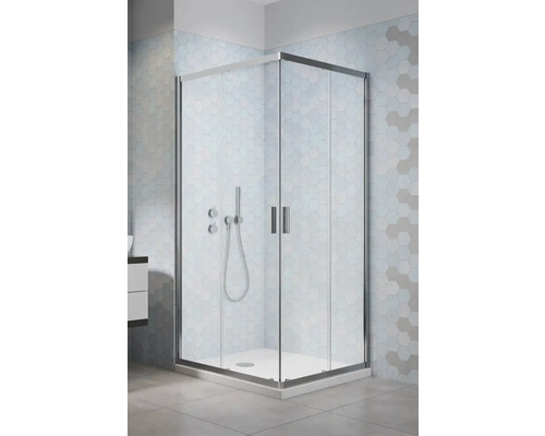Set cabină de duș pătrată Radaway Alienta C900 cu cădiță de duș și sifon, 90x90 cm, sticlă transparentă, profil crom