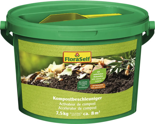 Accelerator de compost FloraSelf în găleată cu materii prime naturale și ajutor pentru aplicare