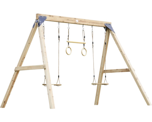 Leagăn din lemn cu două scaune de leagăn și inele de gimnastică pentru grădină