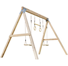 Leagăn din lemn cu două leagăne, inele de gimnastică și bară fixă