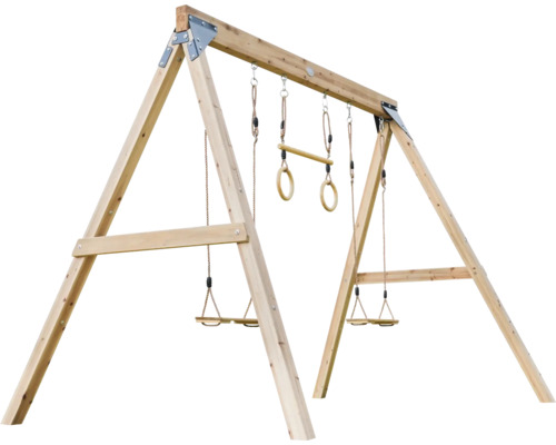 Leagăn din lemn cu două leagăne, inele de gimnastică și bară fixă