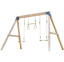 Leagăn din lemn cu două leagăne și inele de gimnastică