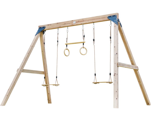 Leagăn din lemn cu două leagăne și inele de gimnastică