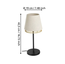 Lampă de masă cu abajur și bază, dimensiunile sunt afișate.
