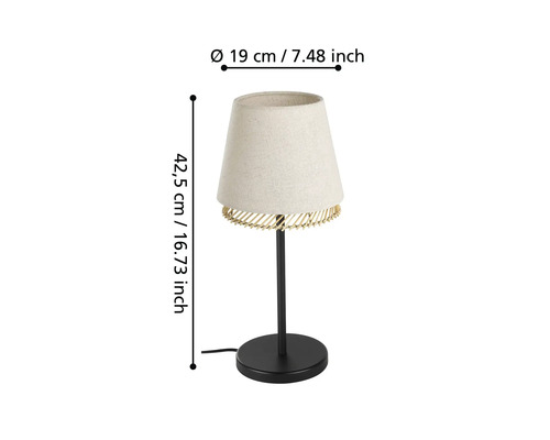 Lampă de masă cu abajur și bază, dimensiunile sunt afișate.