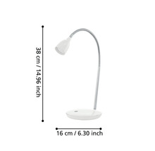 Lampă de birou cu braț flexibil, cu dimensiunile de 38 centimetri înălțime și 16 centimetri diametrul bazei.