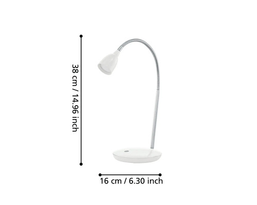 Lampă de birou cu braț flexibil, cu dimensiunile de 38 centimetri înălțime și 16 centimetri diametrul bazei.