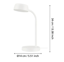 Lampă de birou albă cu dimensiunile de 34 cm înălțime și 14 cm diametru.