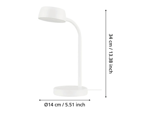 Lampă de birou albă cu dimensiunile de 34 cm înălțime și 14 cm diametru.