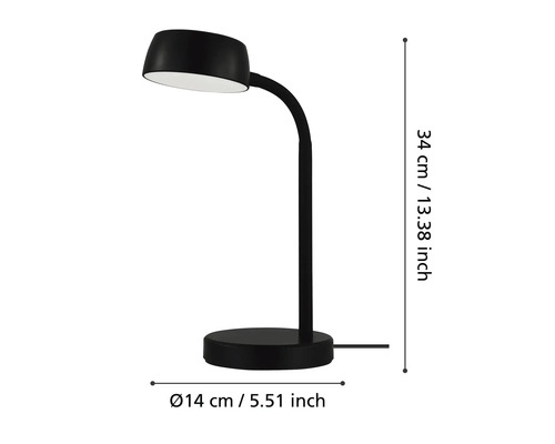 Lampă de birou neagră cu dimensiunile de 34 cm înălțime și 14 cm diametru