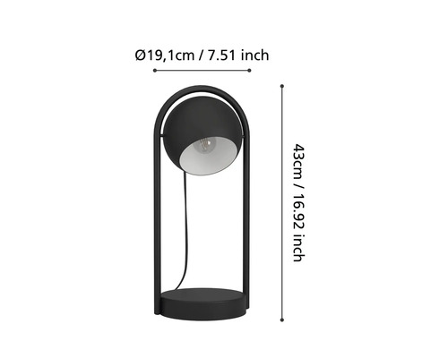 Lampă de birou cu formă sferică și dimensiunile de 43 pe 19,1 centimetri.