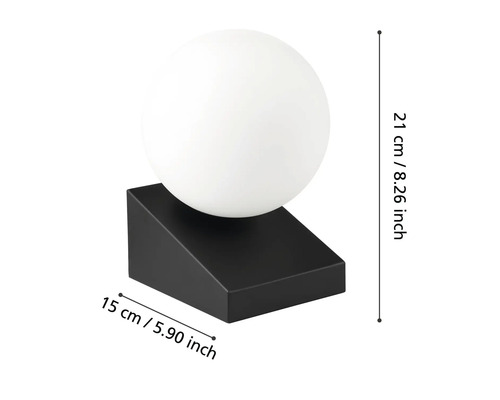 Lampă de masă cu bază neagră și abajur sferic alb, dimensiuni 21 cm înălțime și 15 cm lățime