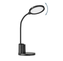 Lampă de birou cu braț flexibil și suprafață luminoasă rotundă