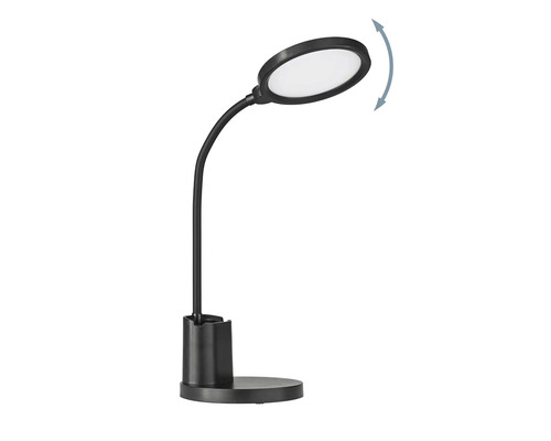 Lampă de birou cu braț flexibil și suprafață luminoasă rotundă