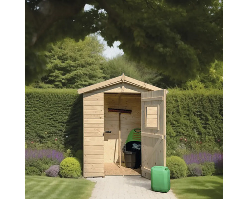 Grădină cu o magazie de grădină din lemn deschisă pentru depozitarea uneltelor de grădinărit