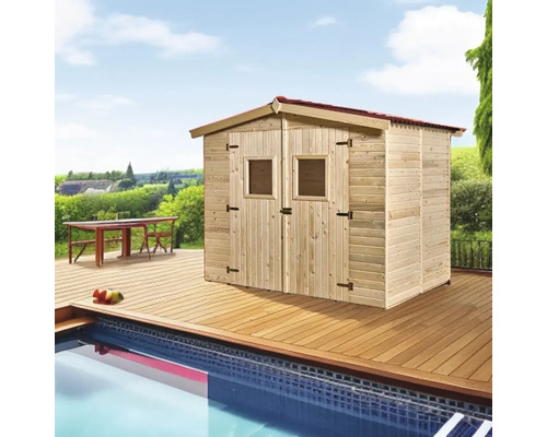 Cabină de grădină din lemn cu ușă dublă și fereastră pe terasă din lemn