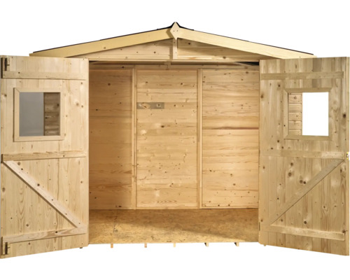 Cabină de grădină deschisă, din lemn, cu ferestre în uși.