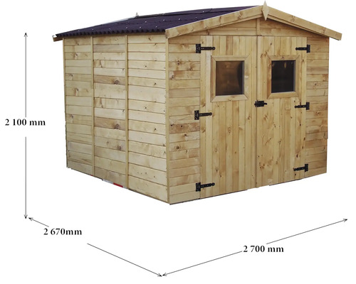 Cabină de grădină din lemn cu ușă dublă și două ferestre, dimensiuni: 2100 mm înălțime, 2670 mm adâncime, 2700 mm lățime